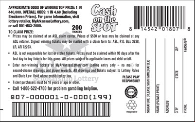 Cash on the Spot - Game No. 807 - Back Cash on the Spot - Game No. 807