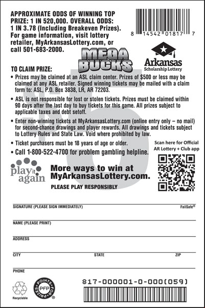 Mega Bucks - Game No. 817 - Back Mega Bucks - Game No. 817