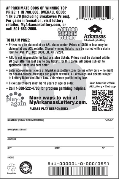 $100,000 Golden Ticket - Game No. 841 - Back $100,000 Golden Ticket - Game No. 841